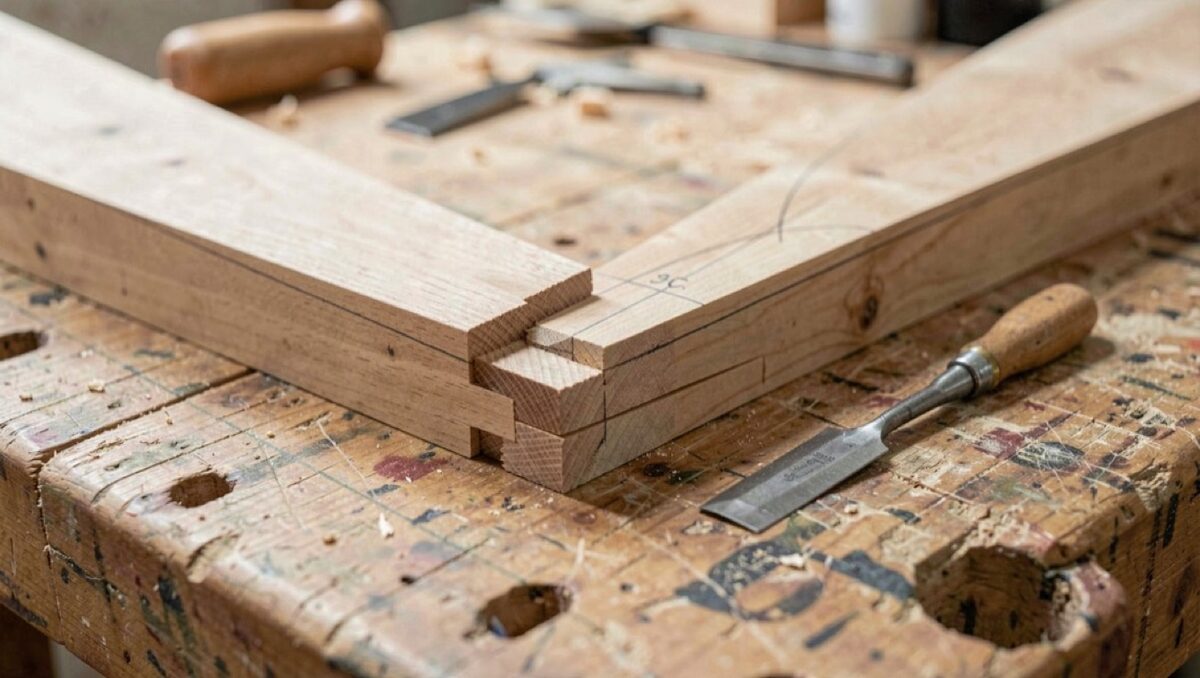 Two long beam ends meeting in an interlocking stepped zigzag splice on a carpenter bench, pencil marks and a chisel laid beside the joint.