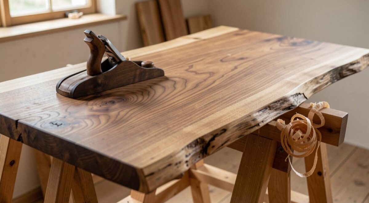 A wide keyaki zelkova board on sawhorses, warm brown grain with bold flame-like figure, hand plane and a coil of shavings beside it.