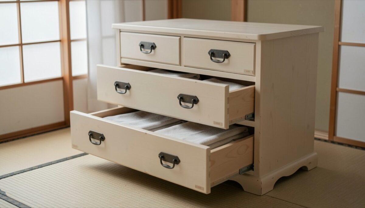 A pale kiri tansu chest with iron drawer pulls standing on tatami, drawers slightly open showing folded cloth, soft window light.