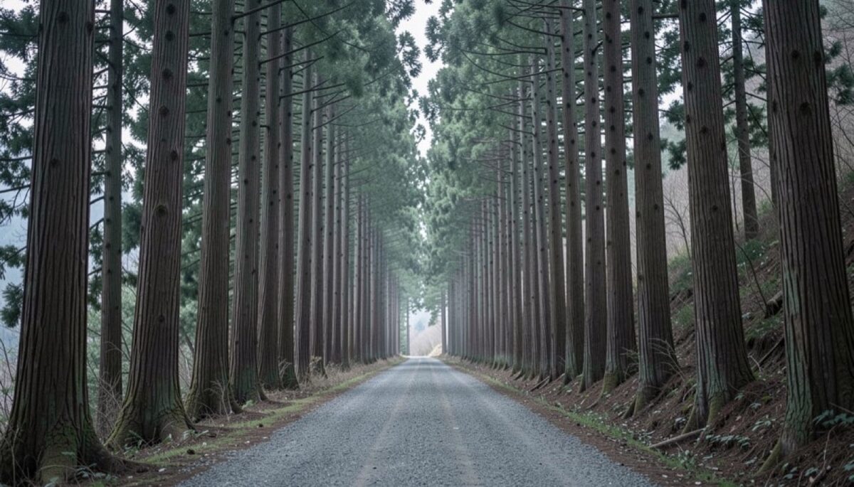 A very tall sugi cedar avenue with straight dark trunks rising out of frame, a gravel road between them, cold mountain light, no people.