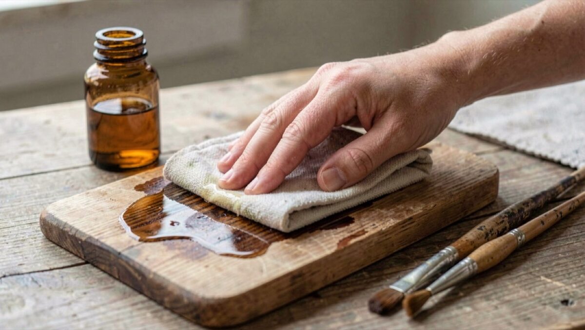 A hand wiping pale oil onto a small wooden board with a folded cloth, the grain darkening as it wets, a capped bottle and worn brushes beside.
