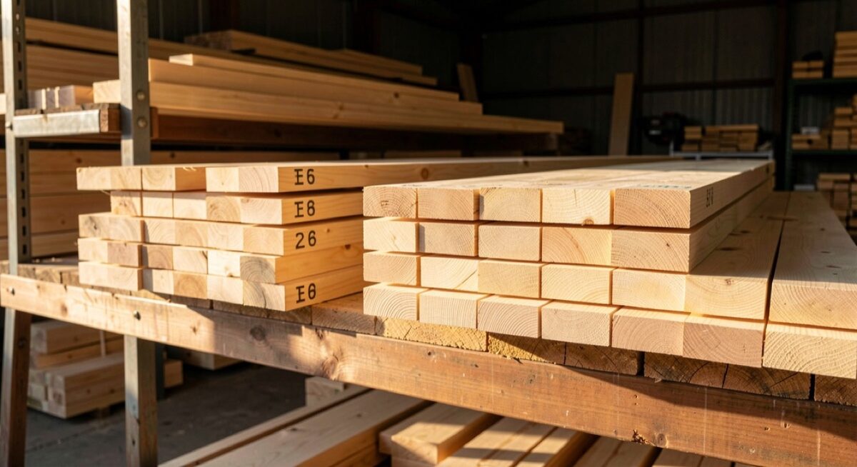 A lumber yard rack of stickered hinoki boards stacked to dry, pale golden board ends in neat rows with thin air gaps, warm late afternoon light