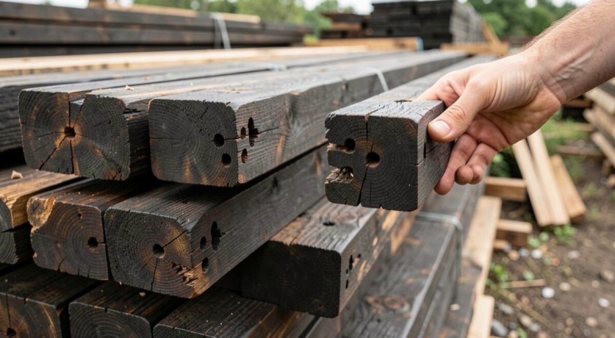A stack of dark reclaimed beams in a salvage yard, end grain visible, old mortise pockets and peg holes showing, a hand checking one end.