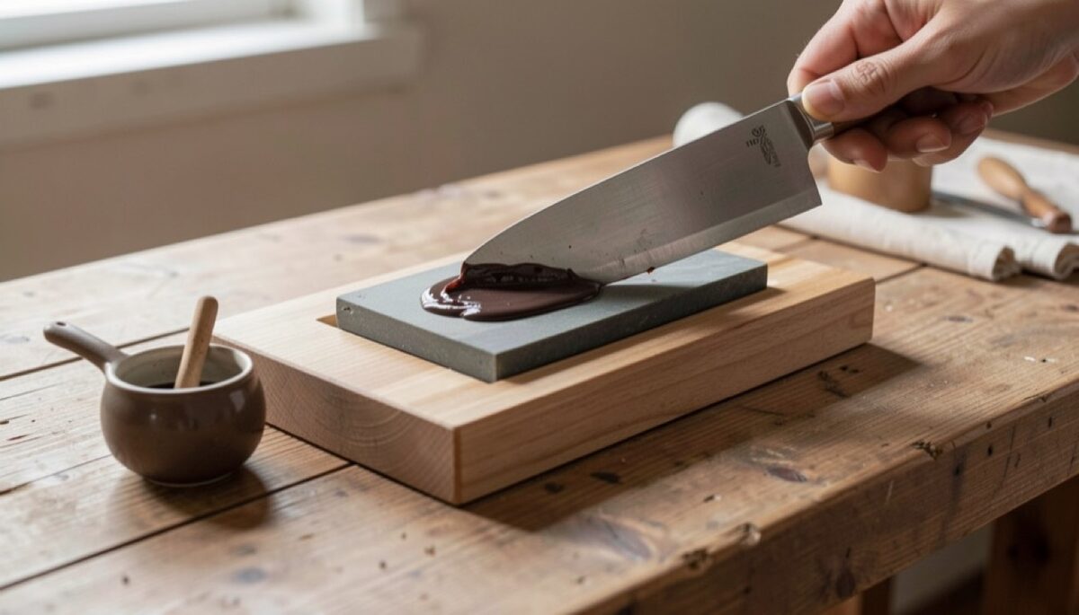 A water stone in a wooden base on a bench, a plane blade held at its bevel angle, dark sharpening slurry on the stone surface, water dipper nearby.