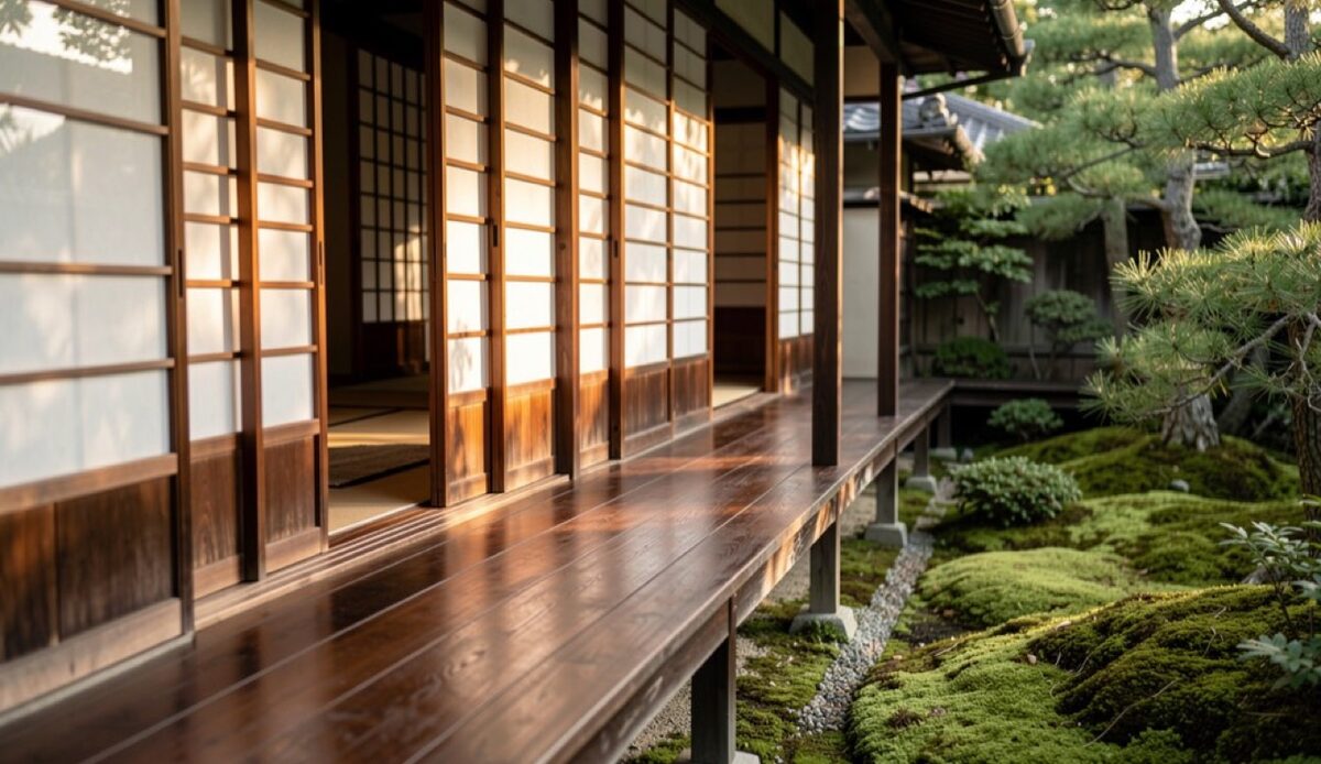 A polished dark wood engawa veranda running along the side of an old house, sliding panels open to a moss garden, late afternoon light.
