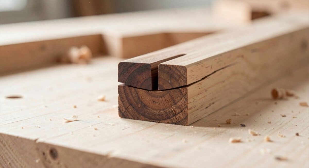 A close view of a through-tenon end with a dark walnut wedge driven into its saw kerf, the wedge end flush, on a pale workbench.
